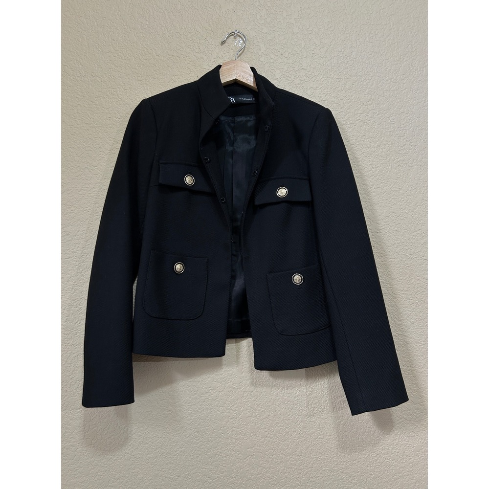 Zara Small Military Utility Lady Mod Jacket Black Gold Crest Button Coat